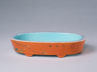 图片[1]-Red ground pink flower pattern waist round flowerpot-China Archive